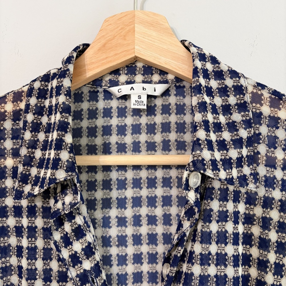 Cabi Blue White Mesh Top Check Print Sheer Long Sleeve Collar Size S - Picture 3 of 5